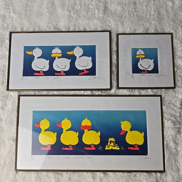 Duck Framed Art Prints Set of 3 Yellow White Baby Shower Nursery Room Bathroom - Picture 1 of 8